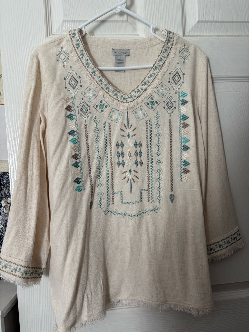 Multiples Cream Tunic with Teal & Brown Embroidery